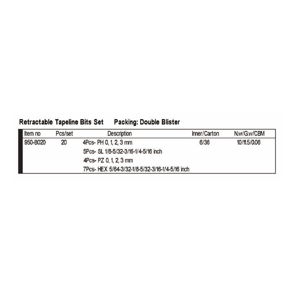 Retractable tapeline bits set