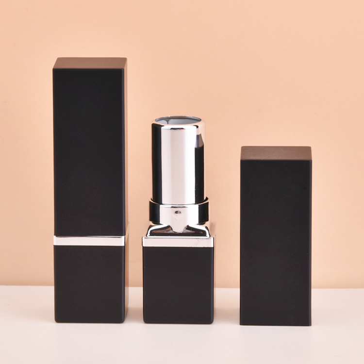 Black Square Silver Lipstick Tube, Wholesale Aluminum Solid Black Lipstick Tube