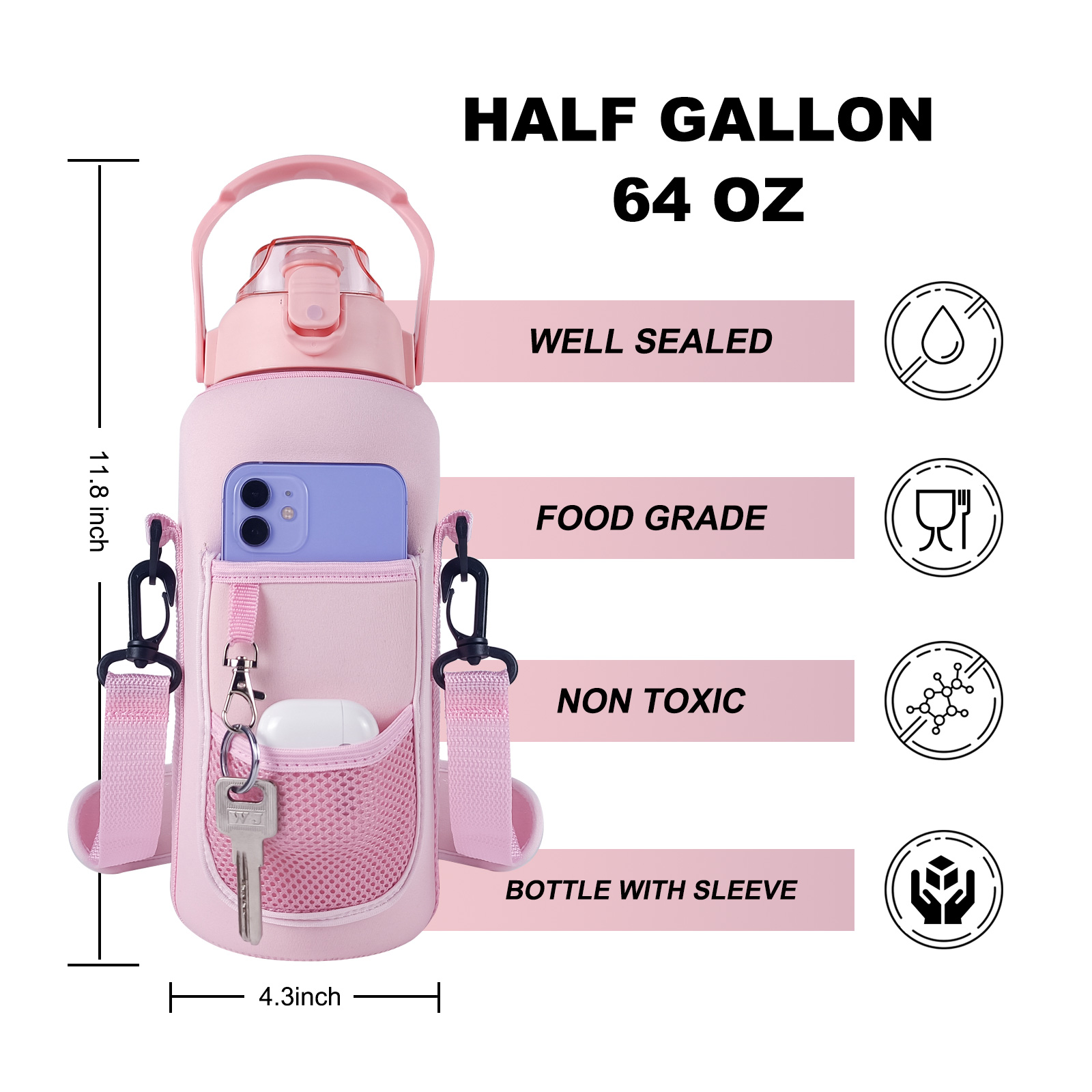 THVALUE Pink 64 Oz Water Bottle with Straw Motivational Water Bottle with Time Marker Half Gallon Water Bottles with Sleeve