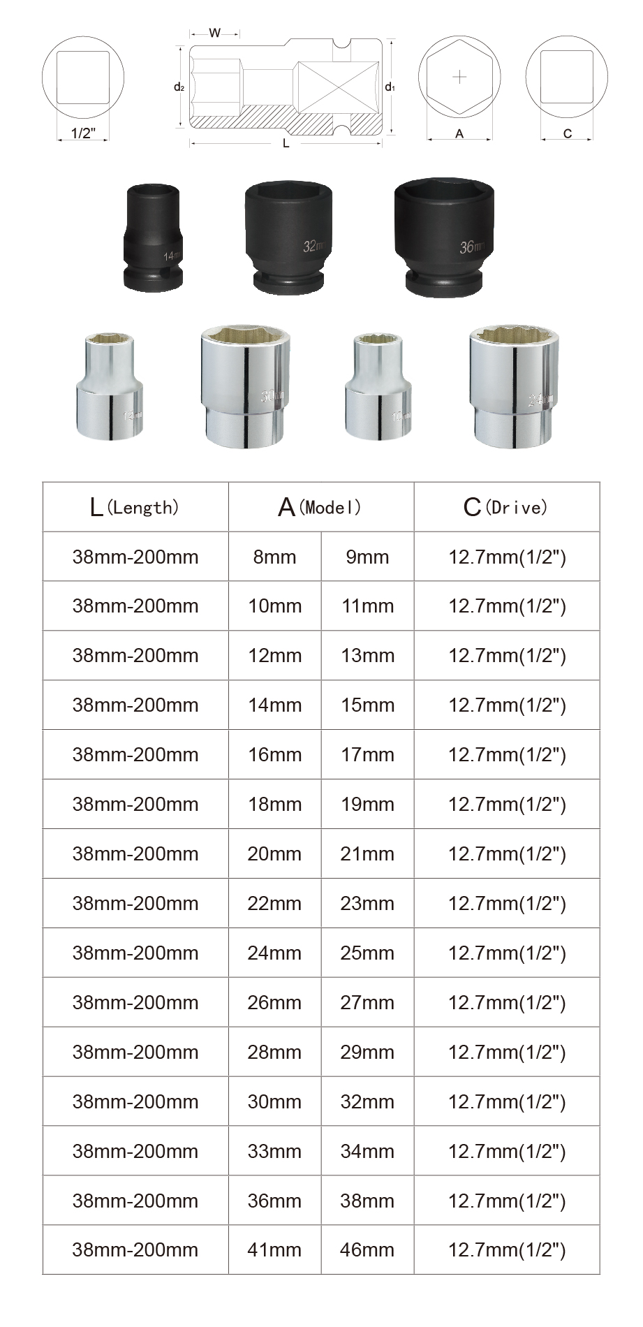 TW-014 1/2"Manual and Pneumatic Extended Socket Individual Pieces and Sets