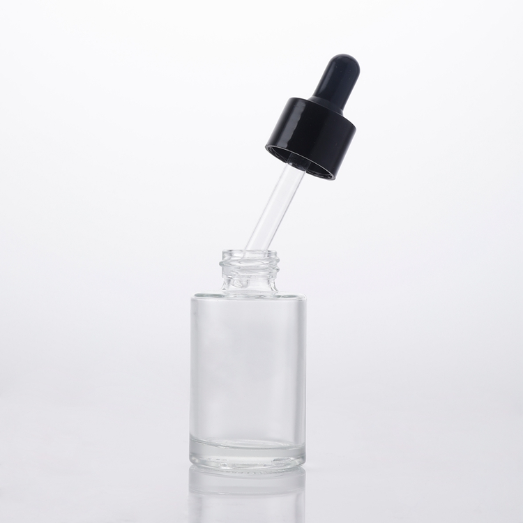 Flacon compte-gouttes en verre d'huile essentielle de sérum de soin de peau clair d'oem en gros 30 Ml, flacon compte-gouttes d'huile avec compte-gouttes noir