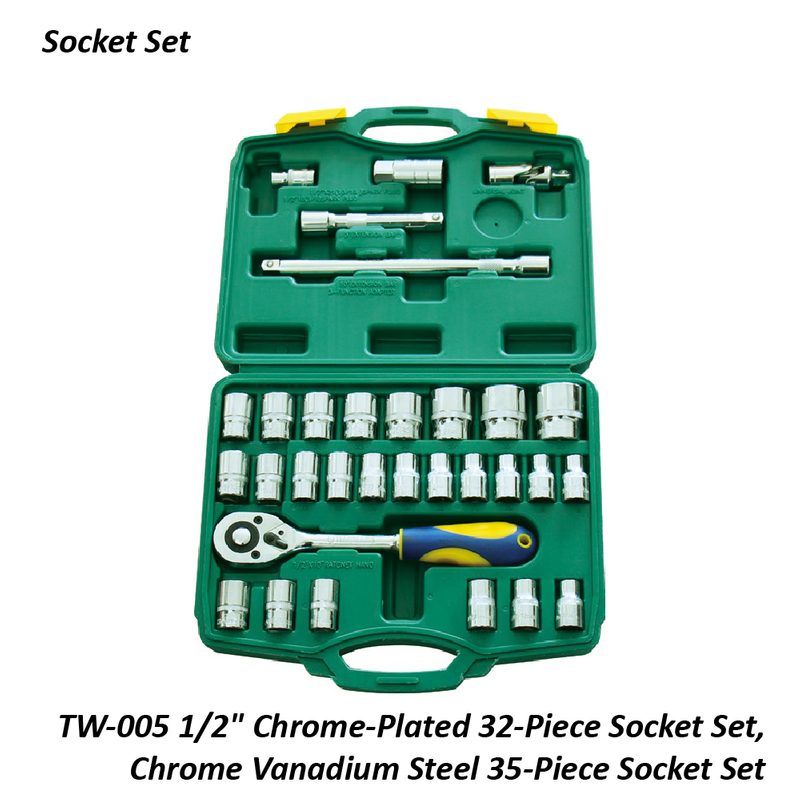 TW-005 1/2" Chrome-Plated 32-Piece Socket Set, Chrome Vanadium Steel 35-Piece Socket Set