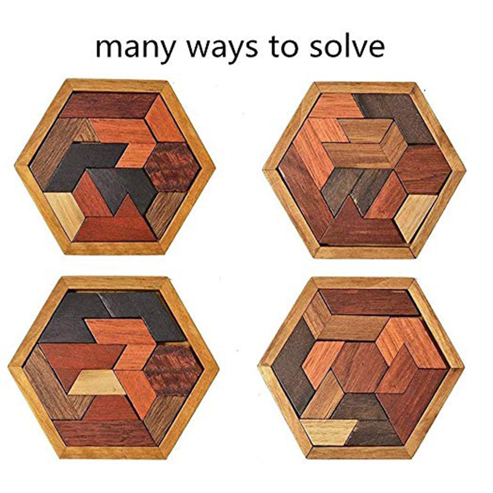 Hexagon Tangram Wooden Puzzle for Children and Adults Wooden Brain Teasers Puzzle for Adults Family Portable Board Games