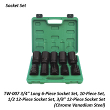 TW-007 3/4" Long 6-Piece Socket Set, 10-Piece Set, 1/2 12-Piece Socket Set, 3/8" 12-Piece Socket Set (Chrome Vanadium Steel)