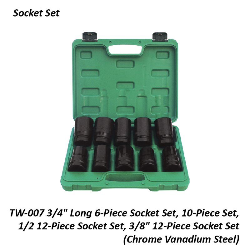 TW-007 3/4" Long 6-Piece Socket Set, 10-Piece Set, 1/2 12-Piece Socket Set, 3/8" 12-Piece Socket Set (Chrome Vanadium Steel)