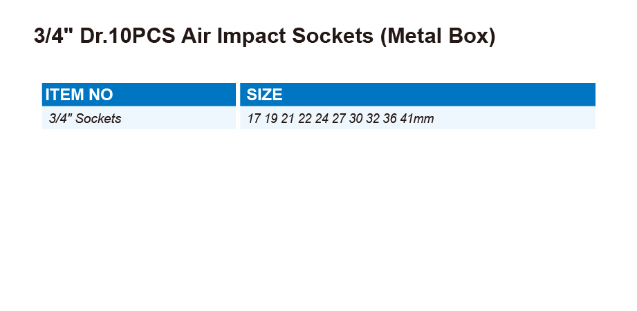DT0805 3/4" Dr.10PCS Air Impact Sockets (Metal Box)