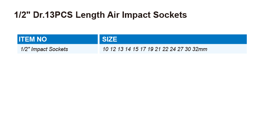 DT0701 1/2" Dr.13PCS Length Air Impact Sockets