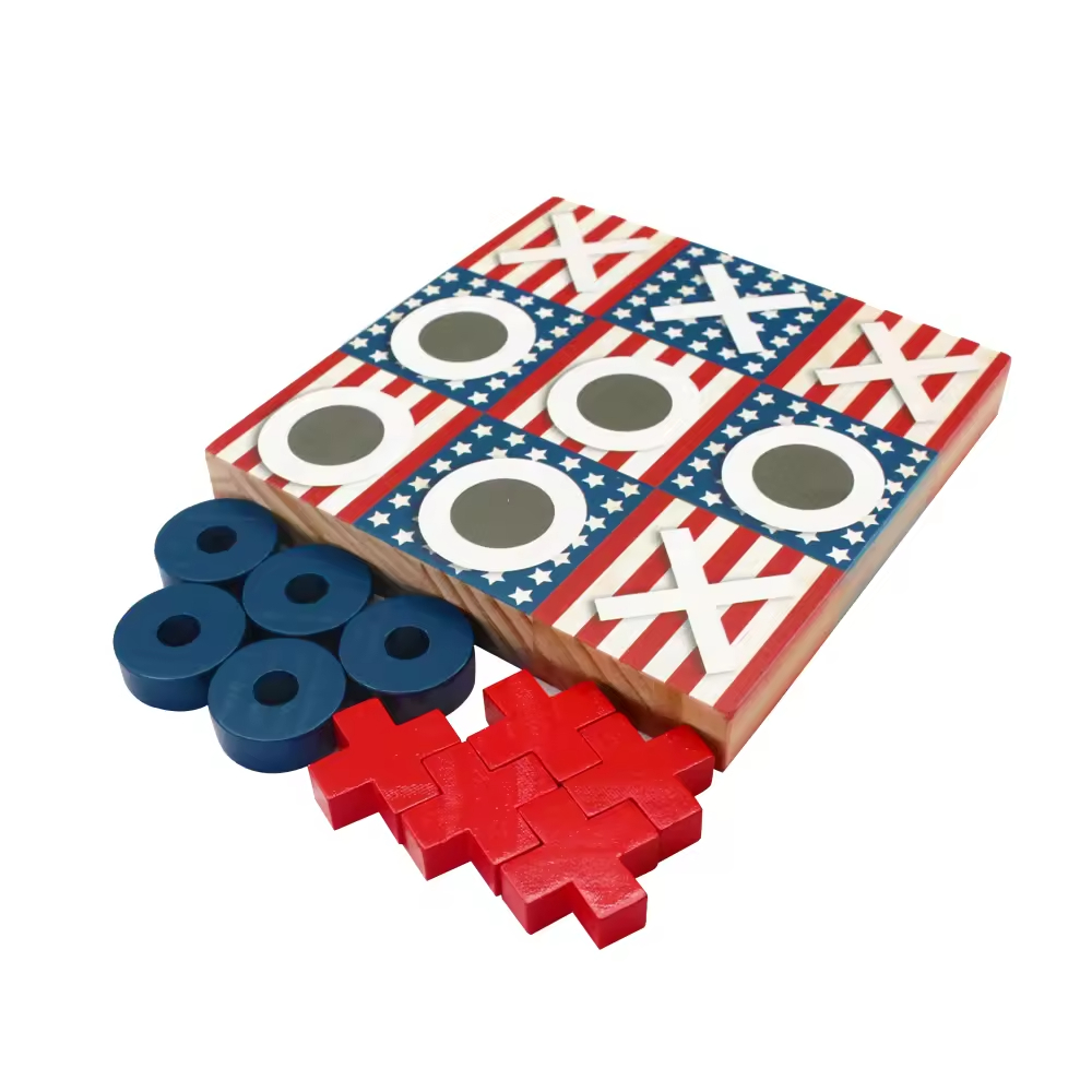 American Flag Themed W ooden Tic Tac Toe Game Set Asterisk-Shaped Travel Board Game Family Party Game Mini XO for Kids and Adults