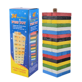  48pcs 54pcs Colorful Wooden Tumbling Tower Game Set Number Print Tumble Tower with Dice and Penalty Cards for Tabletop Fun.