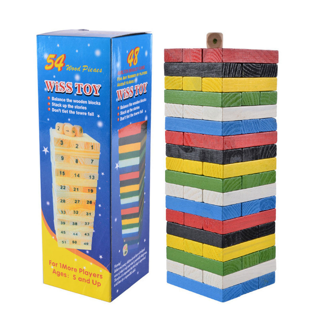 48pcs 54pcs Colorful Wooden Tumbling Tower Game Set Number Print Tumble Tower with Dice and Penalty Cards for Tabletop Fun.