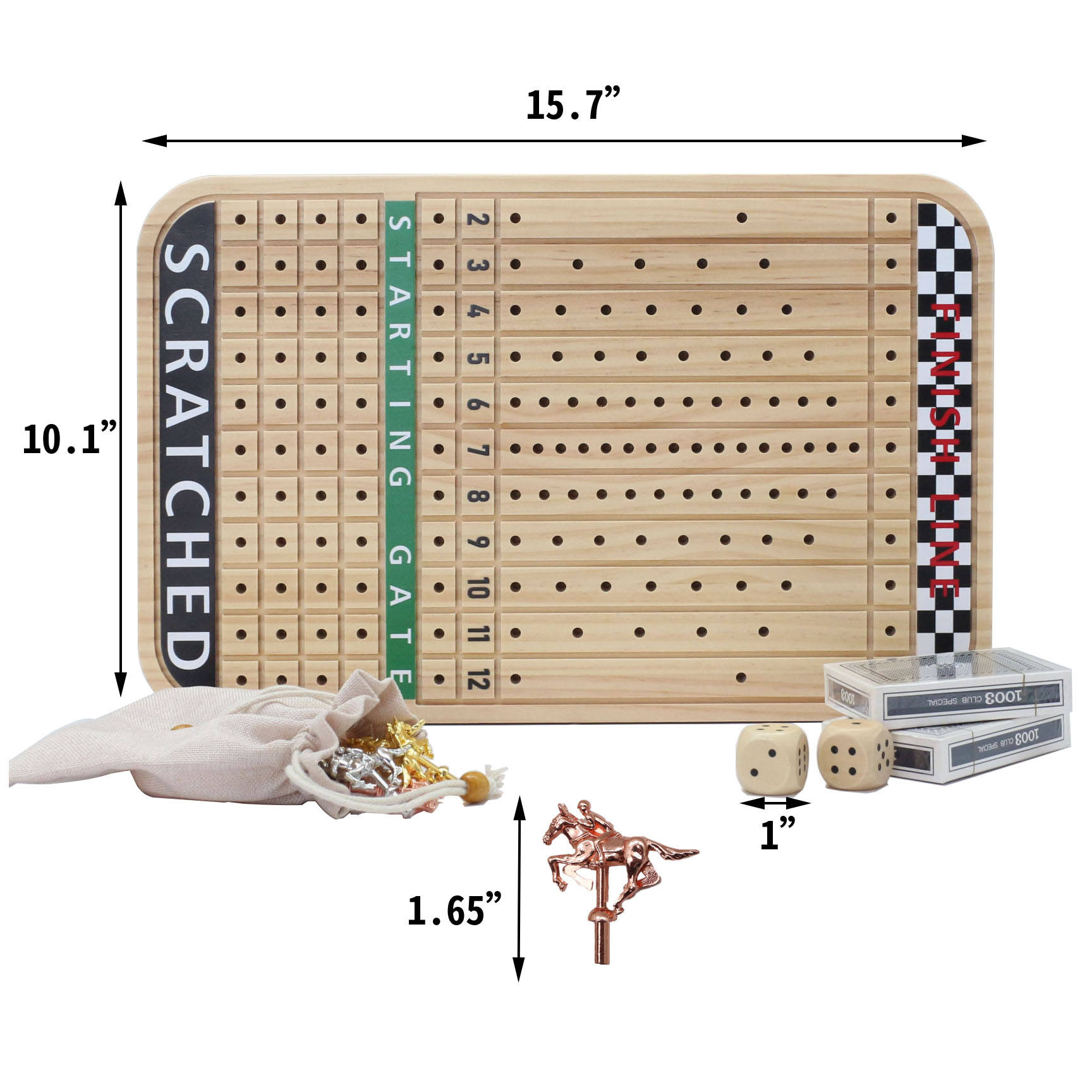15 inches Solid Wood with 11 Metal Horses with 2 Dice and 2 Cards Finish Line Horse Racing Game Horse Race Board