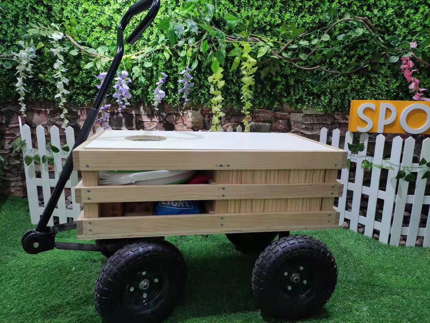 Wooden Wagon Game Center Including Many Outdoor Game Cornhole, Washers,tumbling Tower ,Yard Dice And Pong 