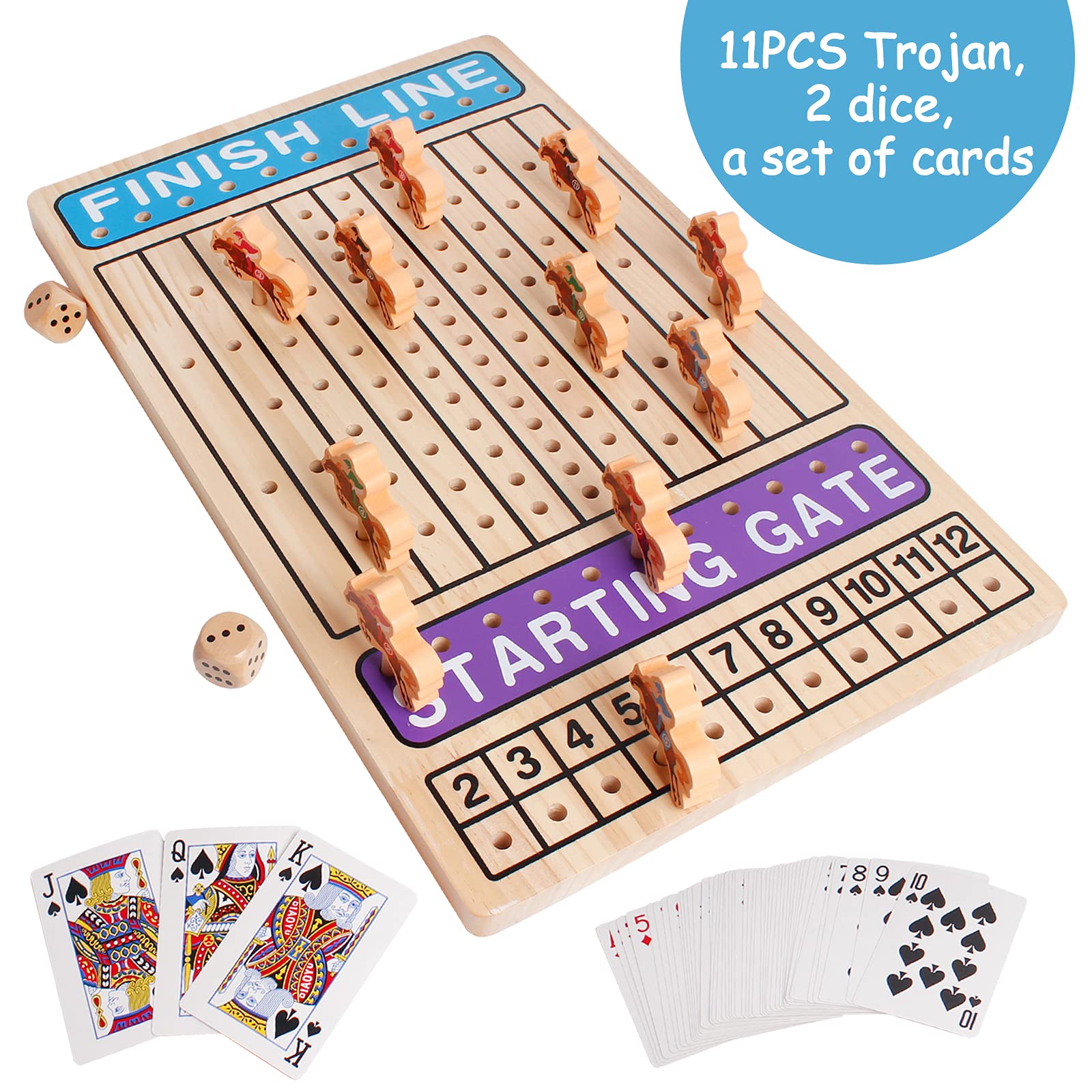Wooden Horse Racing Board Game Wooden Challenge Toy Poker with 11 Durable Horses Dice & Cards for Kids Family Game Brain Teaser