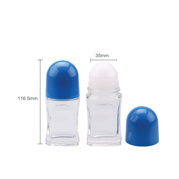 Impresión personalizada y volumen de color 50 ml Diámetro de la bola 35,0 mm Altura 116,5 mm Tapa de rosca de plástico Desodorante de perfume multipropósito Rollo vacío transparente en botella de vidrio