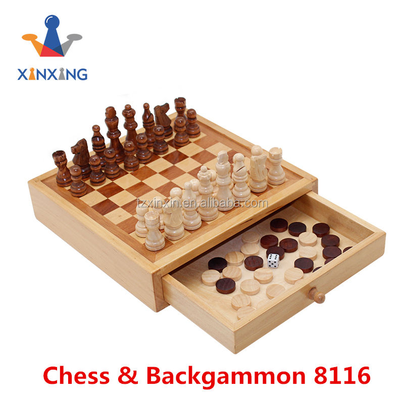  Theme Chess Draughts Backgammon Set Handmade Wooden Chess Box with Chess Pieces and Checkers