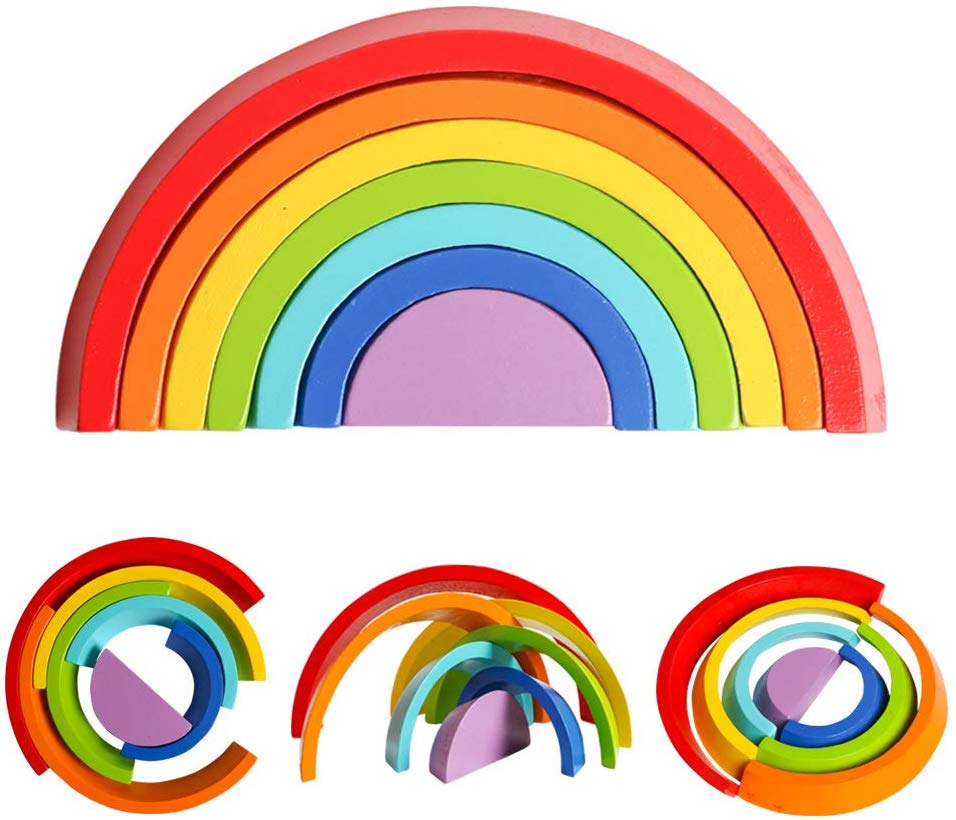Rainbow Stacker - Wooden Rainbow Stacking Toy Pack of 12. Rainbow Blocks for Kids, Large Size Stacking Blocks with 7 Vibrant Colors