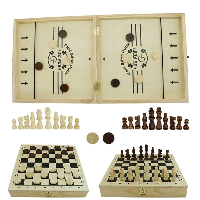 Amazon Hot Sells 4 in 1 Multi Function Game Set Wooden Folding Board Game Custom Fast Sling Puck Game Chess Checkers Nine Men's Morris for Kids Education Toys