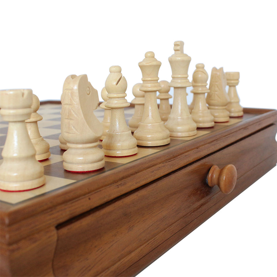Wooden Chess & Checkers Set with Storage Drawer 15 Inch Classic 2 in 1 Board Games for Kids And Adults Travel Portable Game Sets