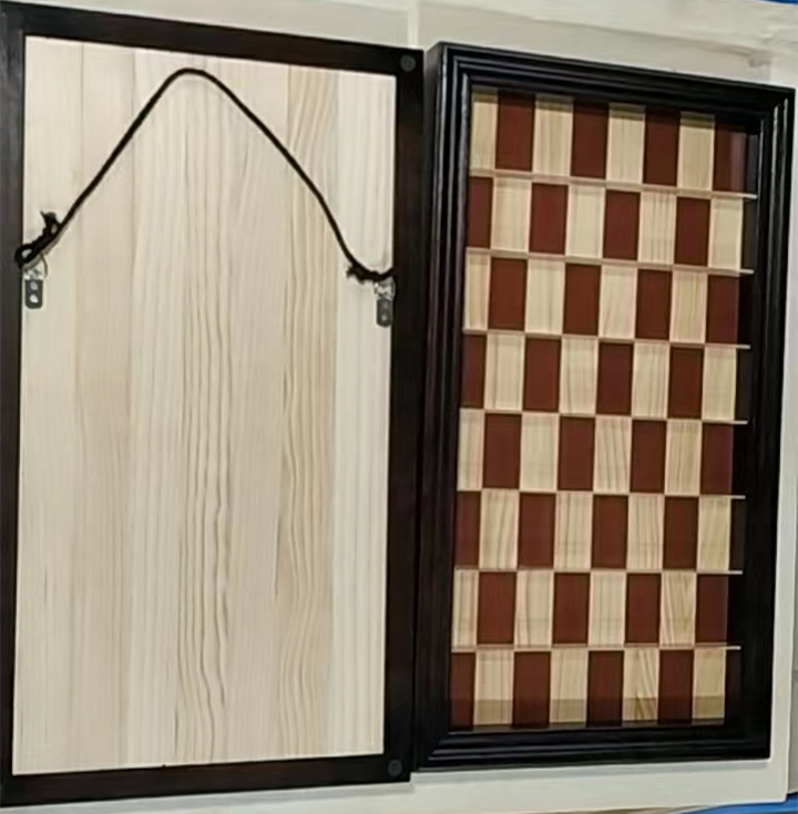 Wooden Wall Chess Board 3 Feet Straight Up Chess Pieces Included on Dark Brown White Vertical Wall Mounted Chess Set