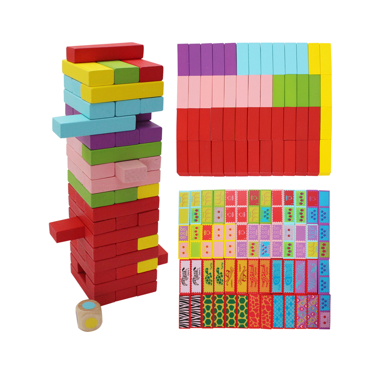 52PCs Tumbling Tower and Domino Game in One Animal and Fruit Blocks Stack and Tumble Stacking Balancing Game Travel Set A Die