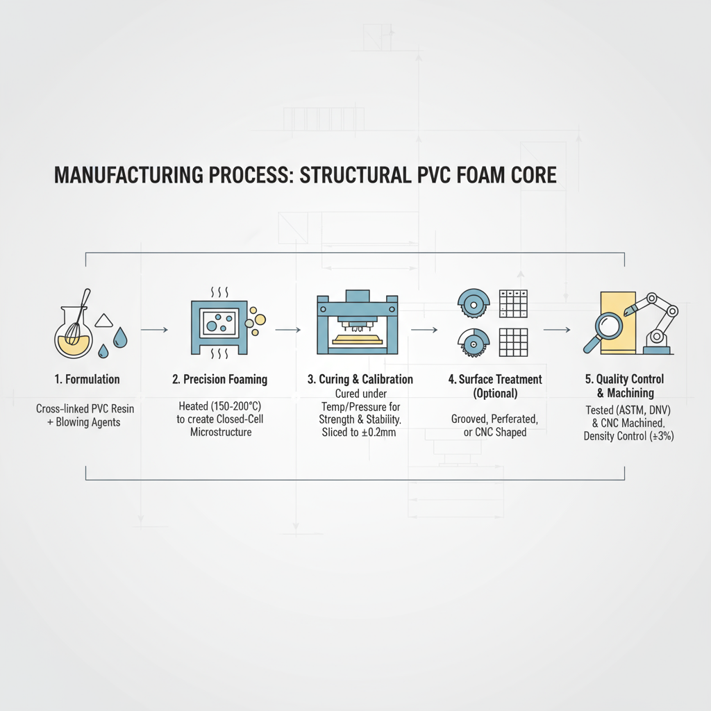 Un organigramme montrant le processus de fabrication de noyau en mousse PVC , des mati&egrave;res premi&egrave;res au moussage pr&eacute;cis, en passant par le durcissement et le contr&ocirc;le qualit&eacute;.