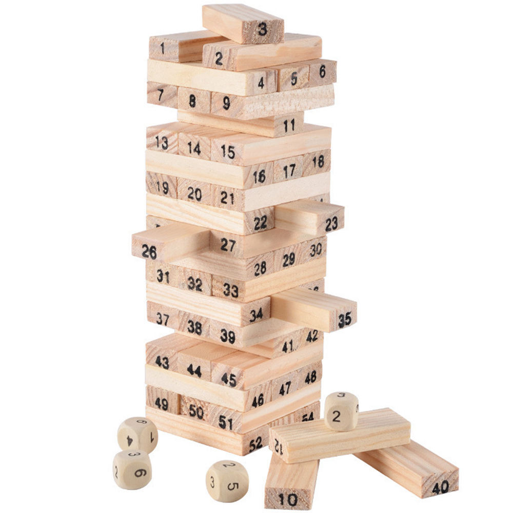  48pcs 54pcs Colorful Wooden Tumbling Tower Game Set Number Print Tumble Tower with Dice and Penalty Cards for Tabletop Fun