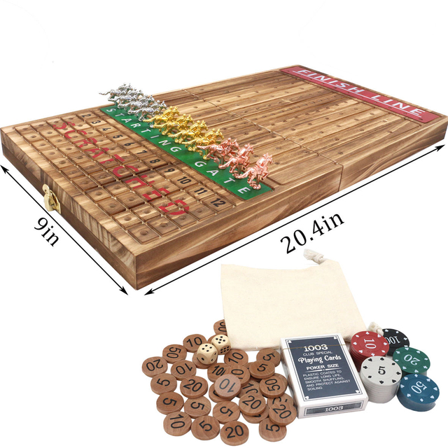 Thickened Solid Wood 11 Luxurious Durable Classic Metal Horses 2 Dice and 1 Boxes of Cards Horse Racing Game Horse Race Board