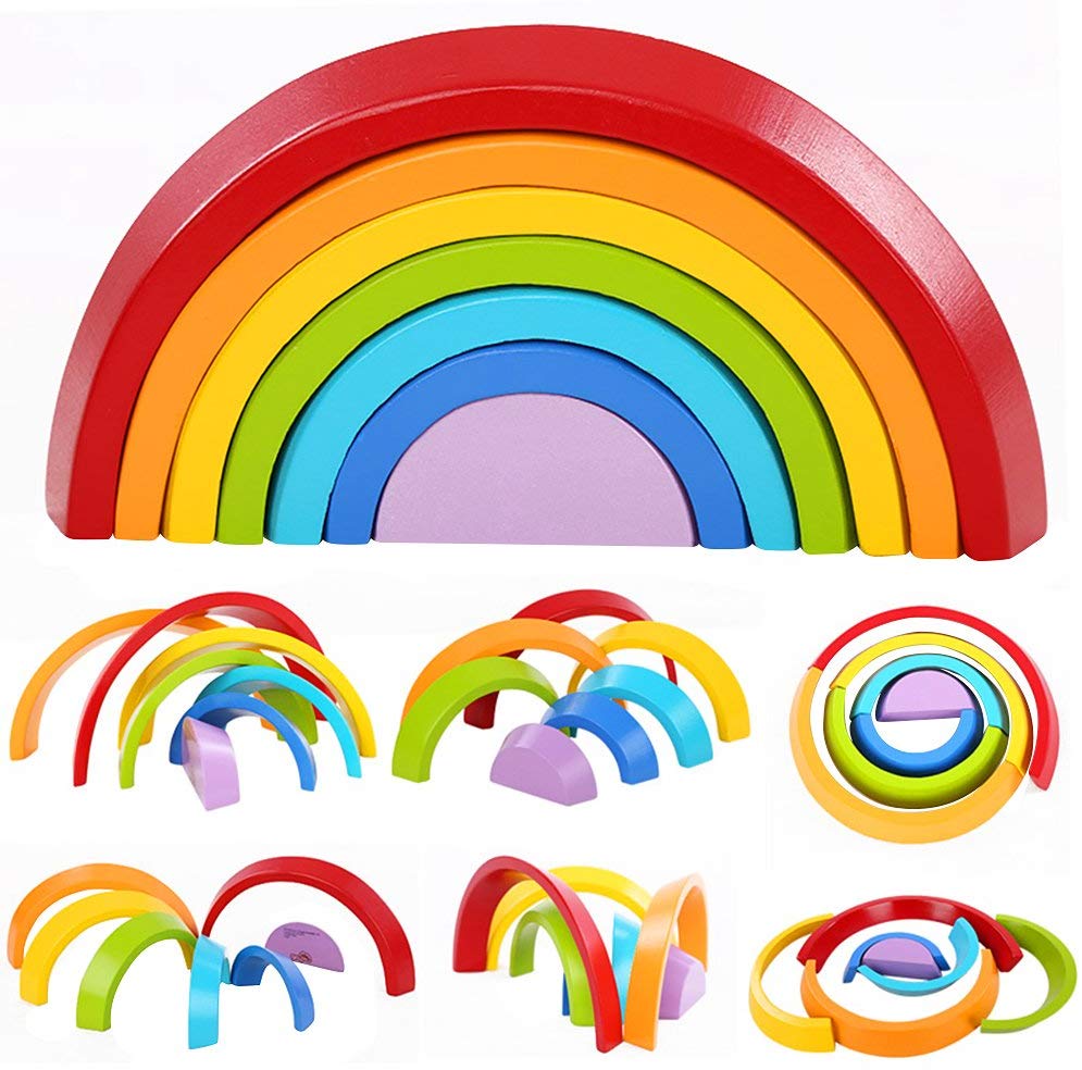 Rainbow Stacker - Wooden Rainbow Stacking Toy Pack of 12. Rainbow Blocks for Kids, Large Size Stacking Blocks with 7 Vibrant Colors