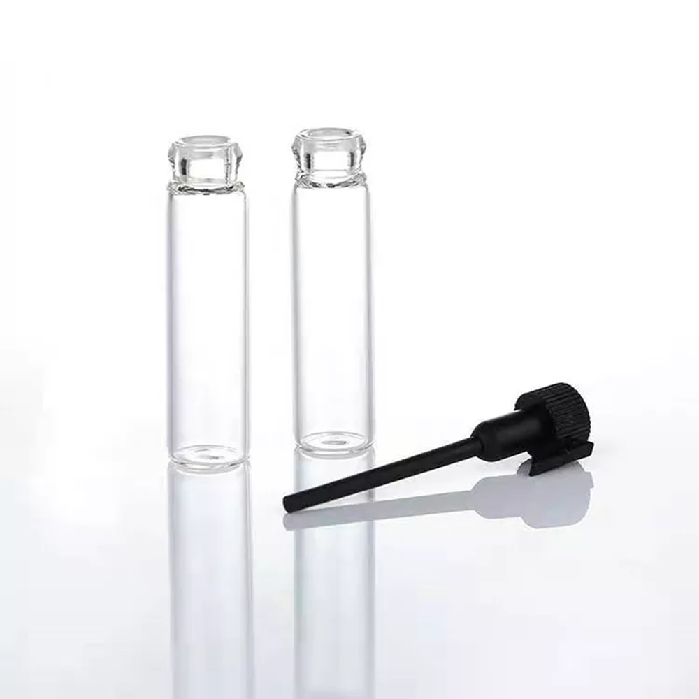 Enchufe blanco negro portátil 1ml 1.5ml 2ml 3ml mini subpaquete de vidrio botellas transparentes pequeña botella de perfume vacía muestra tubo de ensayo viales delgados 