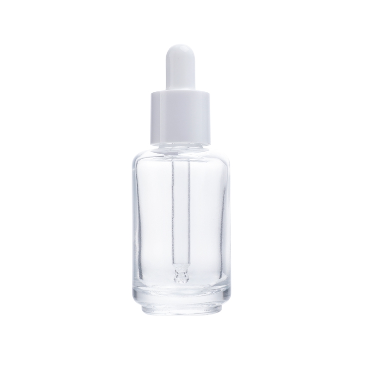 Dispensador de líquidos de primera calidad, transparente, 30 Ml, cilindro de hombro plano, botella cuentagotas de vidrio para aceite esencial de suero