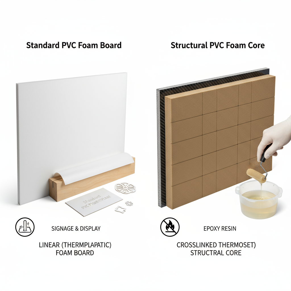 una imagen que ilustra los dos tipos principales de espuma PVC : tablero de espuma est&aacute;ndar PVC y estructural n&uacute;cleo de espuma de PVC para compuestos tipo s&aacute;ndwich