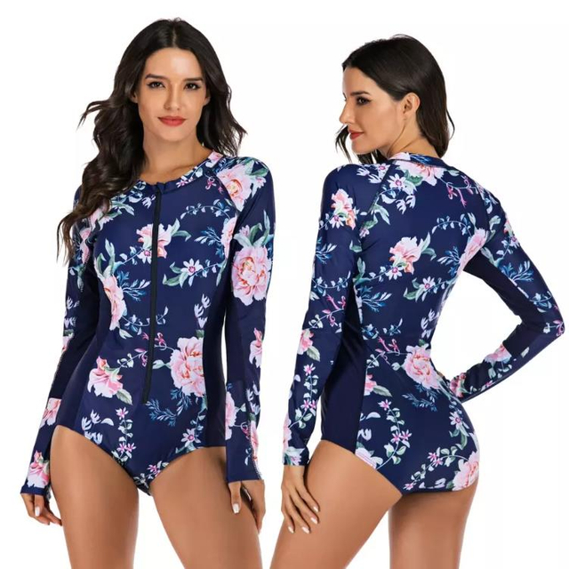 Baju Renang Wanita Satu Potong Lengan Panjang Ritsleting Pakaian Pantai