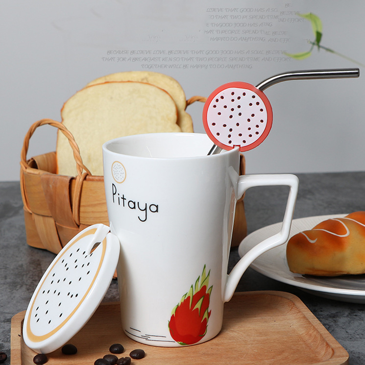 2018 New Products Breakfast Milk Cup Fruit Pattern Ceramic Coffee Mug With Straw