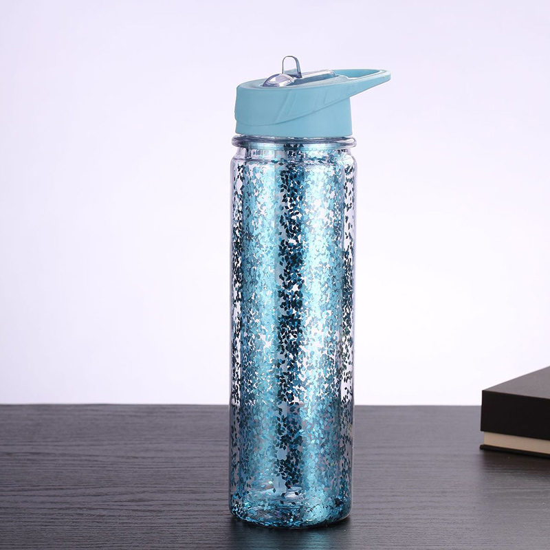 New arrival wholesale double wall glitter water bottle sport clear plastic water bottle with straw