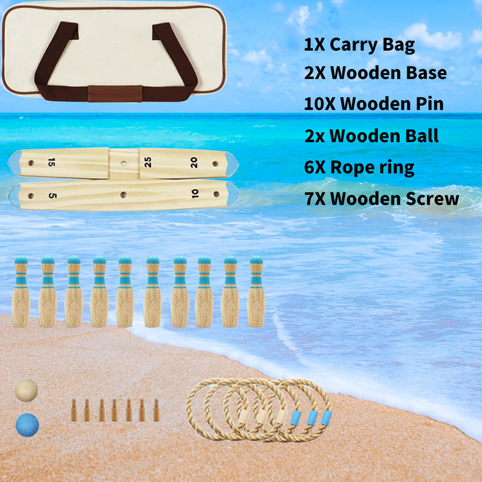 Ring Toss Game Set with 2 in 1 Bowling Ball with 6 Durable Rope , 2 Balls, 10 Pins