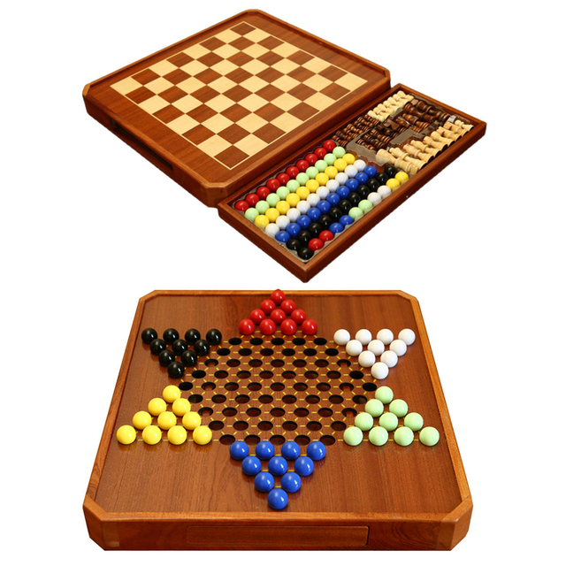 15" Wooden Chess Chinese Checkers Game Set Magnetic Chess Set 2 in 1 Board Games with Storage Drawer.