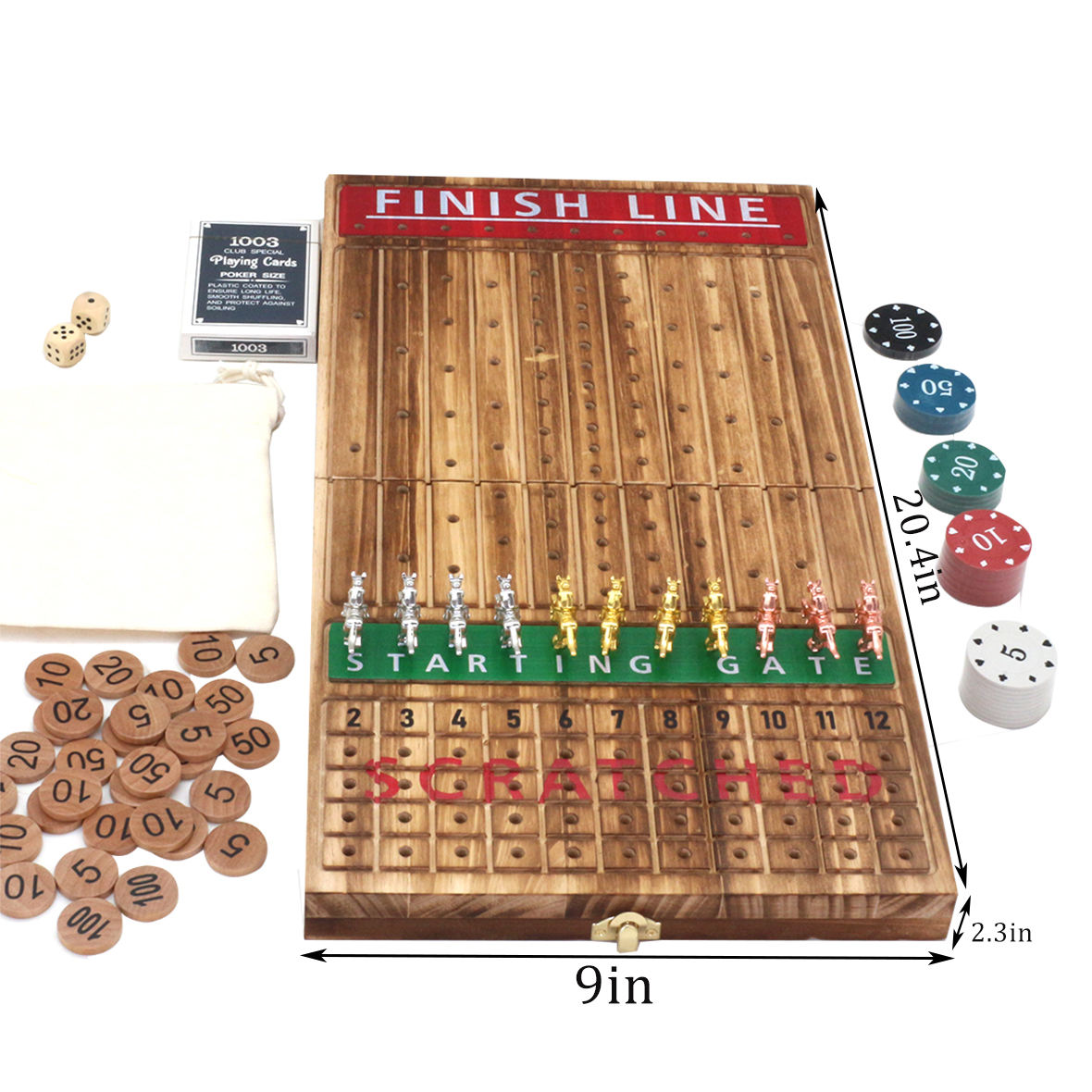 Thickened Solid Wood 11 Luxurious Durable Classic Metal Horses 2 Dice and 1 Boxes of Cards Horse Racing Game Horse Race Board