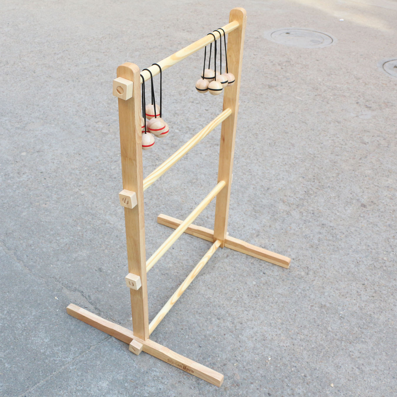 Ladder Toss Game Set 35x26In Pine Wooden Golf Ladder Lawn Game with 6 Bolos Balls and Carrying Case Outdoor Backyard Game.