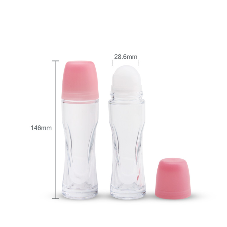 La nouvelle simplicité Logo personnalisé et couleur Bonne qualité Valeur 65 ml Diamètre de la boule 28,6 mm Hauteur 146 mm Transparence Parfum Déodorant Huile essentielle Verre Roll on Bottle