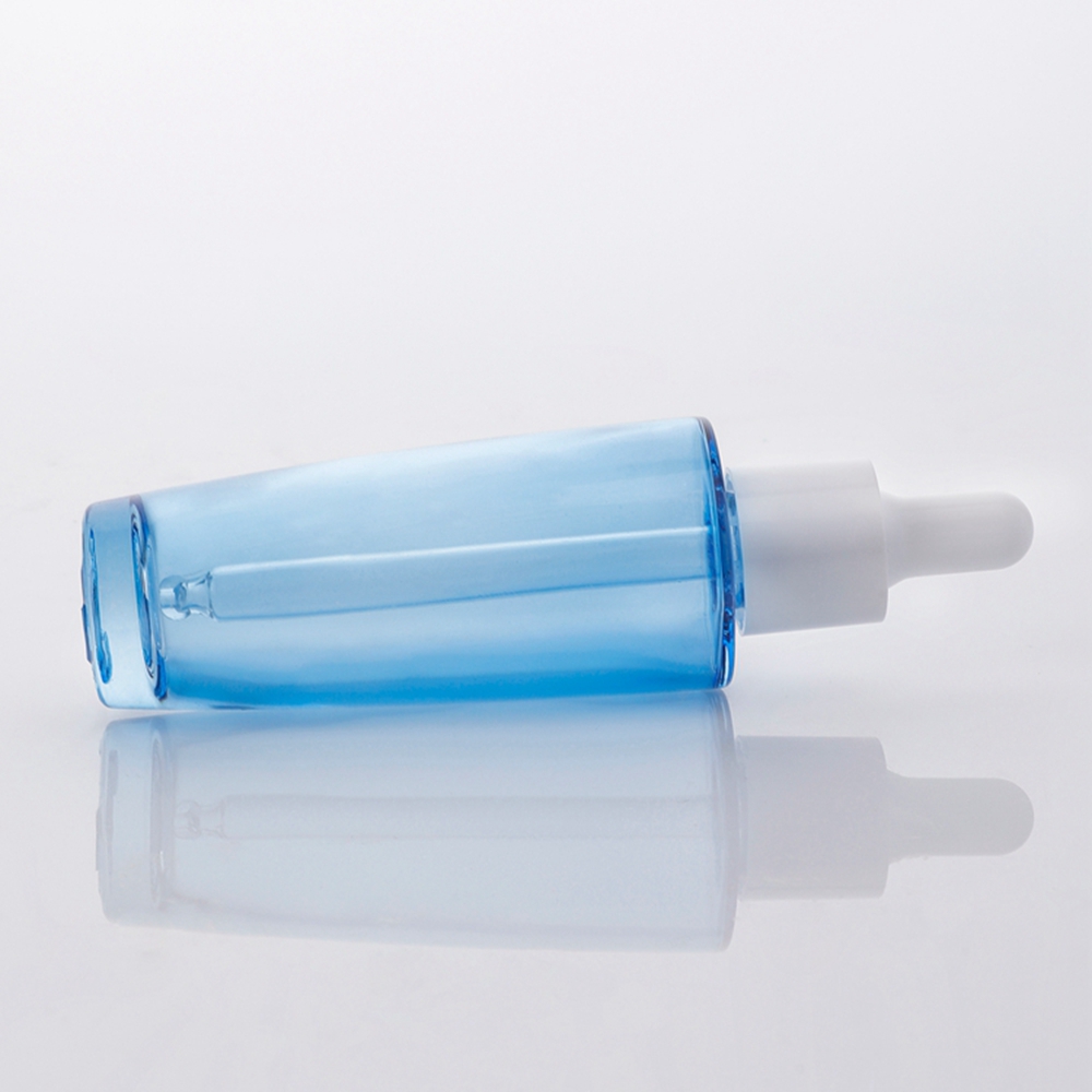 Botellas de aceite esencial de hombro plano de 40 ml, frasco cuentagotas de vidrio cosmético azul líquido para aceite esencial