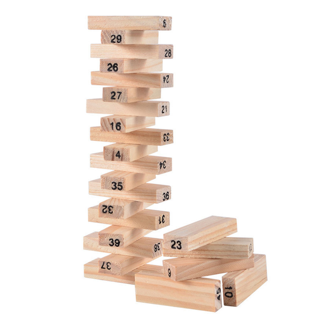 48pcs 54pcs Colorful Wooden Tumbling Tower Game Set Number Print Tumble Tower with Dice and Penalty Cards for Tabletop Fun