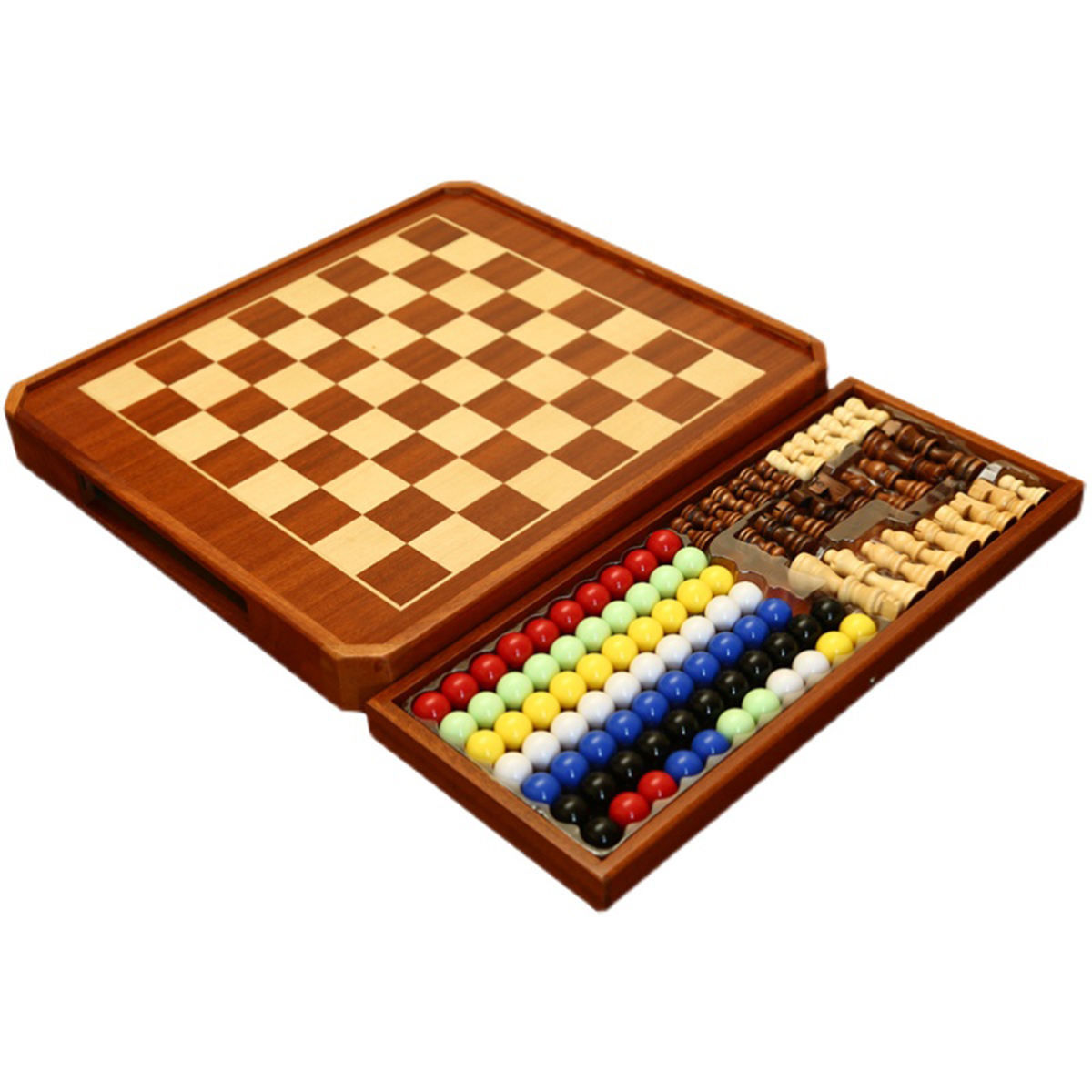 15" Wooden Chess Chinese Checkers Game Set Magnetic Chess Set 2 in 1 Board Games with Storage Drawer.