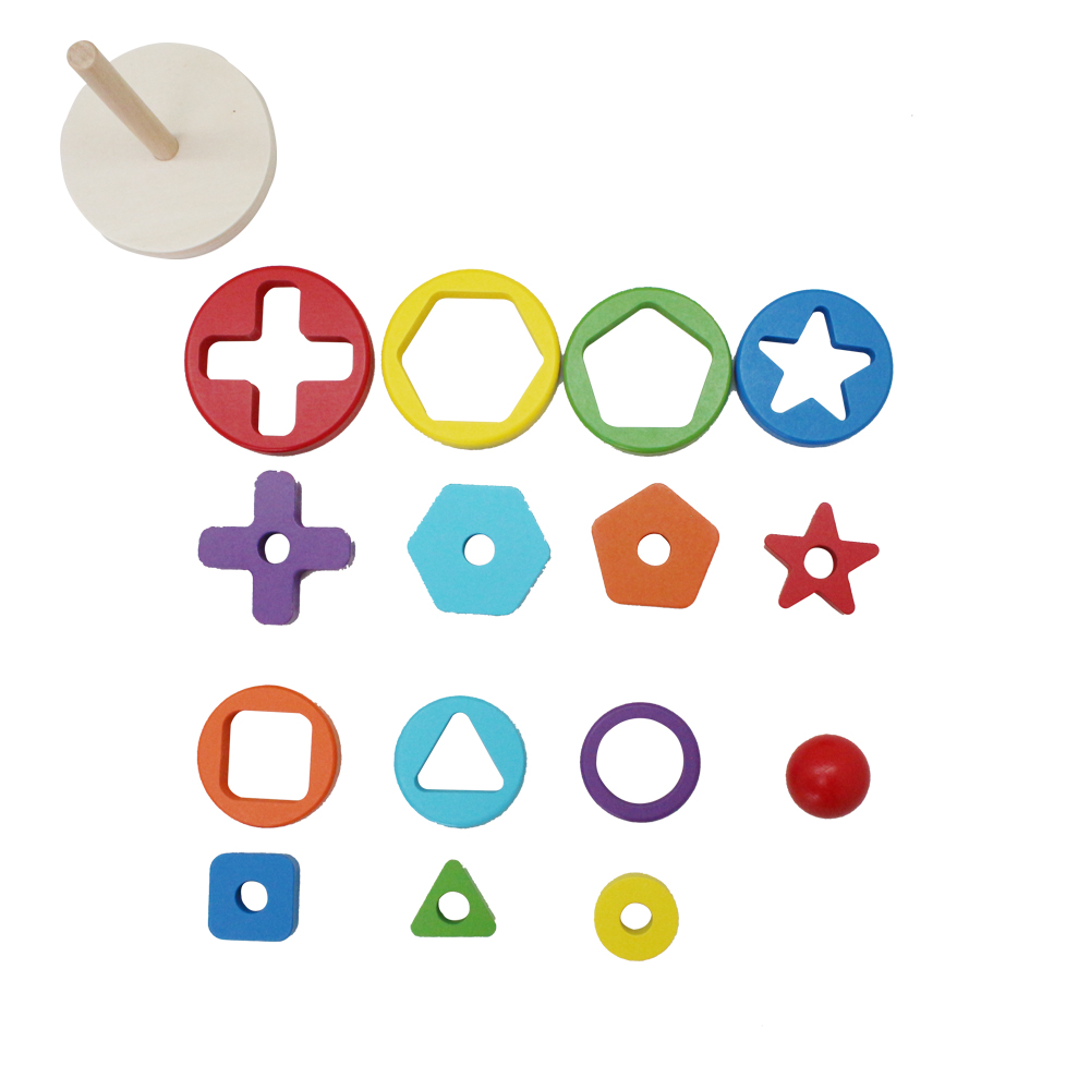 Wood Rainbow Tower Stack Rings Educational Preschool Toddler Shape Color Stack 