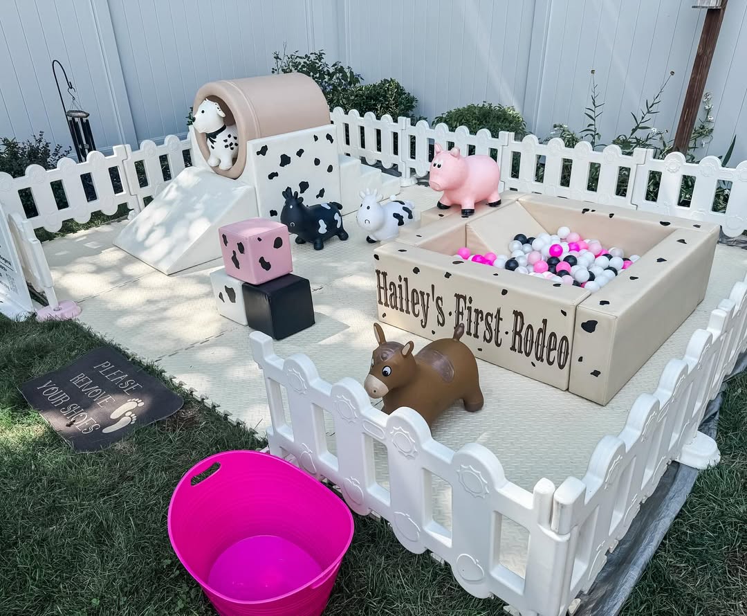 &Ccedil;ocuklar i&ccedil;in Top Havuzu ve Binilebilir Oyuncaklarla &Ccedil;iftlik Hayvanı Yumuşak Oyun Seti Rodeo Partisi