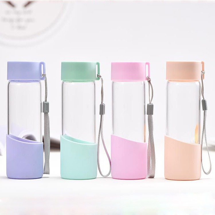 Wholesale 300ml fancy glass water bottle with silicone sleeve