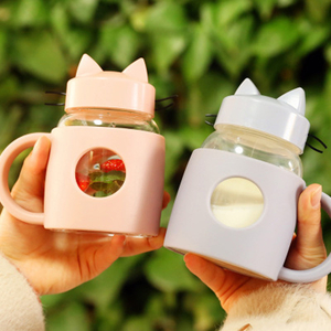 New creative glass cute cat water cup with handle portable glass Advertising gift Cup custom wholesale