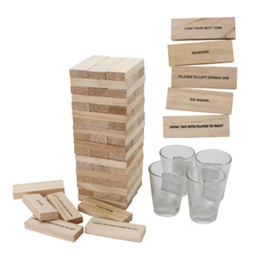 Tumbling Tower Blocks Stacking Party Game 60 Blocks with Fun Tasks and Entertaining Commands with 4 Glass Cups Customization.