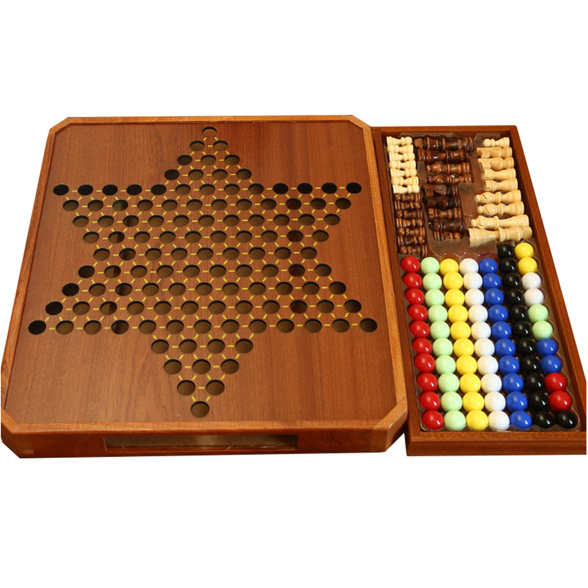 15" Wooden Chess Chinese Checkers Game Set Magnetic Chess Set 2 in 1 Board Games with Storage Drawer.