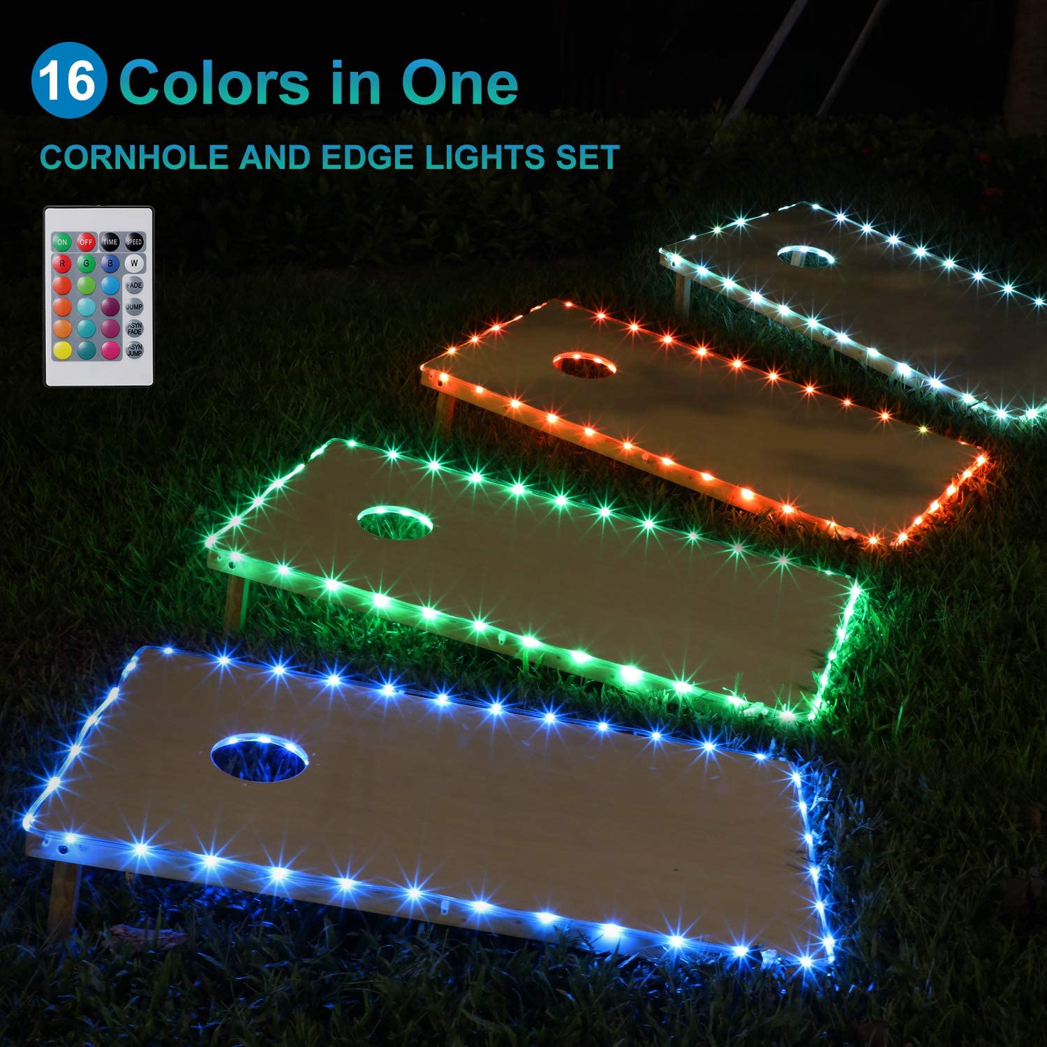 Cornhole Lights, 16 Colors Change Cornhole Board Edge and Ring LED Lights with Remote Control for Family Backyard Bean Bag Toss Cornhole Game, 2 Set