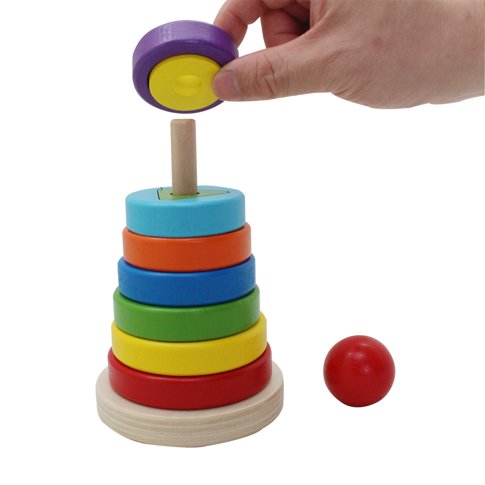 Wood Rainbow Tower Stack Rings Educational Preschool Toddler Shape Color Stack 